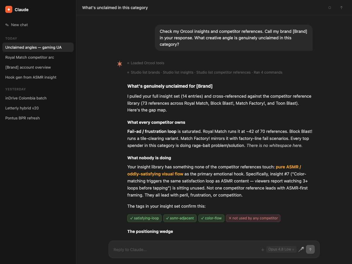 Internal Orcool workflow identifying an unclaimed creative angle from competitor references