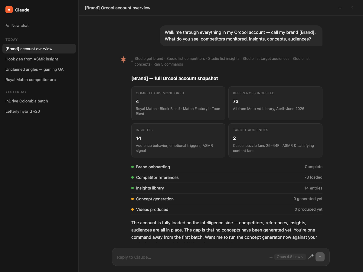 Internal Orcool account overview showing competitors monitored, references ingested and insights available