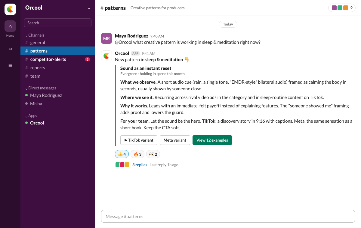 The Orcool app in Slack: a producer asks what creative pattern is working in sleep and meditation; Orcool replies with the pattern, what we observe, where we see it, why it works, what the team should do, plus format variants and live examples.